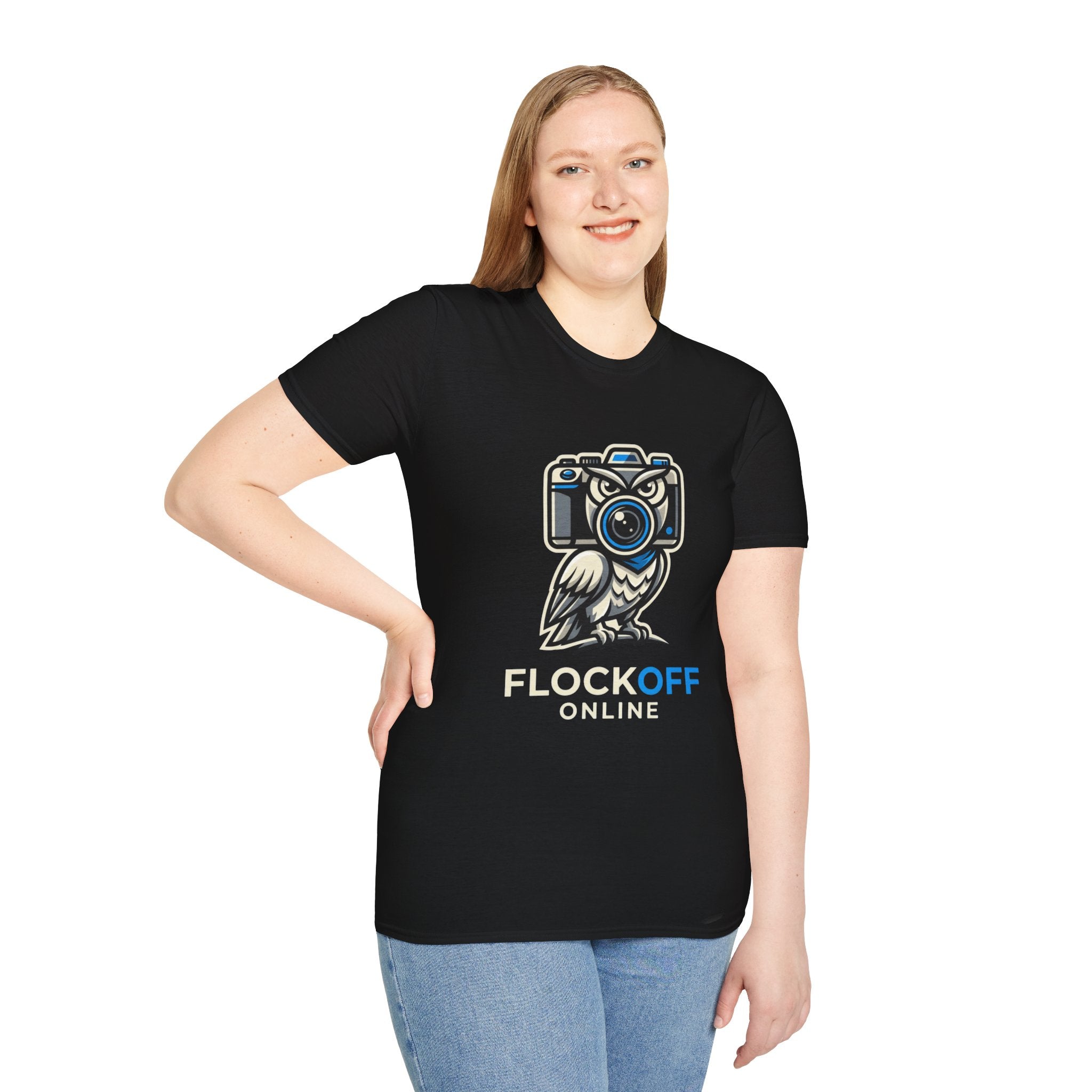 Flock Off Online Graphic Tee — Cute Owl Photographer Camera T-Shirt