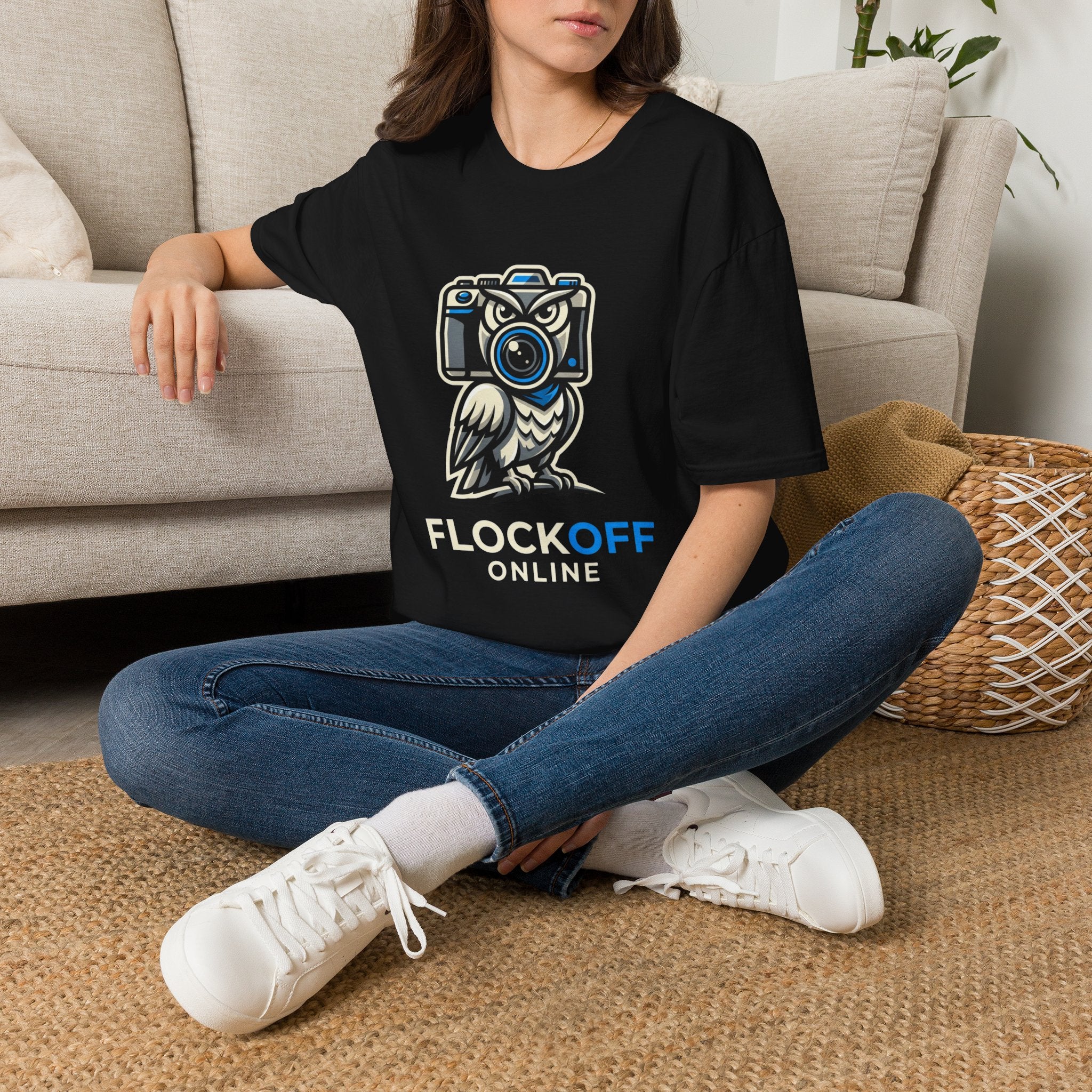 Flock Off Online Graphic Tee — Cute Owl Photographer Camera T-Shirt